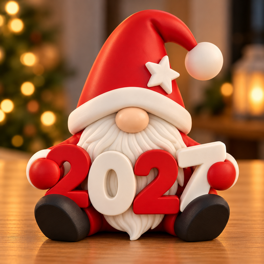 New Year 2027 Gnome STL + Colored OBJ  – Cute Holiday Gnome Holding 2027 Numbers – 3D Printable Decor