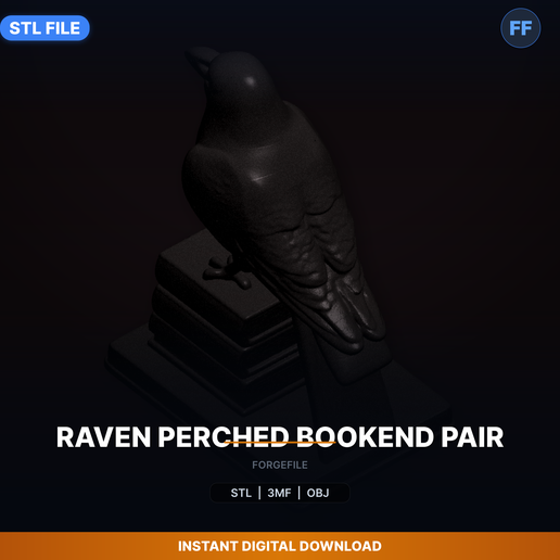 Raven Perched Bookend Pair - 3D Printable STL File