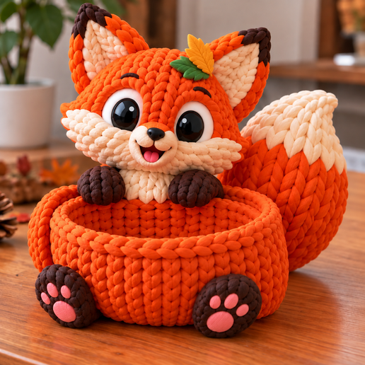 Thanksgiving Fox Crochet-Style Candy Holder STL + Colored OBJ  – Cute Fox Basket 3D Print – Fall Autumn Decor