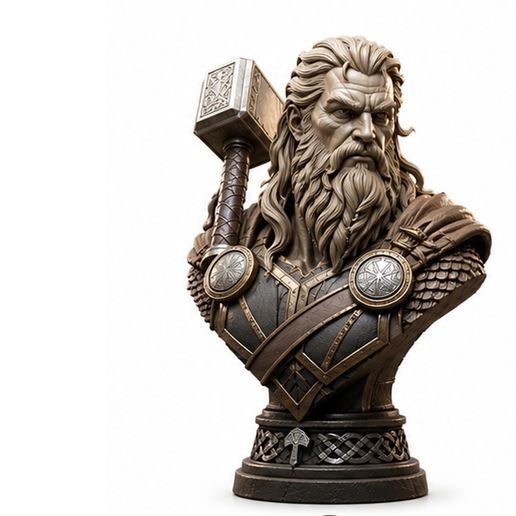 Thor Bust – Stylized Norse God Sculpture with Mjolnir