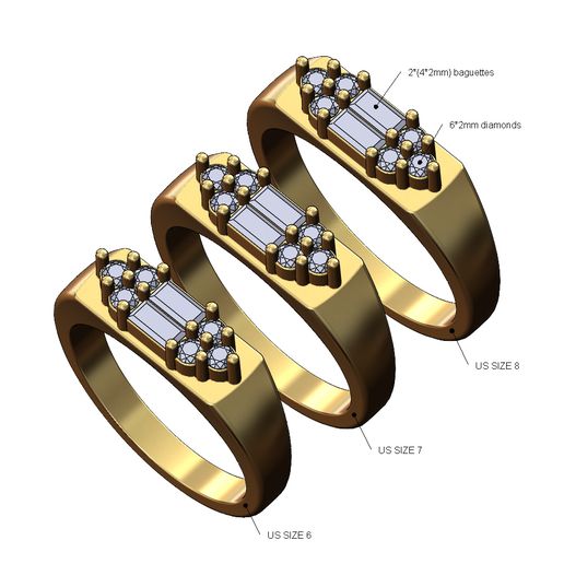 Baguettes and diamonds cluster signet ring US sizes 6 7 8 3D print model 3D model