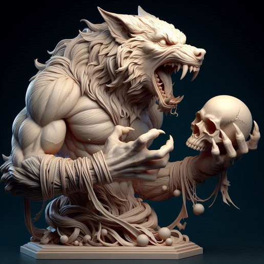 3610 Ivory Werewolf Howling with Skull - Minimalist Statue, magic, dragon, serpent, mask, gnome, gorgon, venetian carnival, wild, fox, monster, cat, fair, witch, werewolf, horror, beast, snake, troll, skeleton, STL