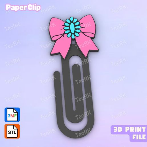 Paperclip bow with bling turquoise concho - bookmark - 3MF pre-painted STL