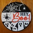 Hey-Boo-Sign-Pic1.jpg Hey Boo Ghost Spider Web Halloween Decor Hanging Holiday Sign