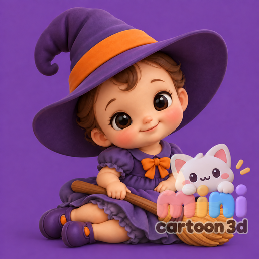 Witch Baby – Cute Halloween Chibi with Floppy Hat and Broom