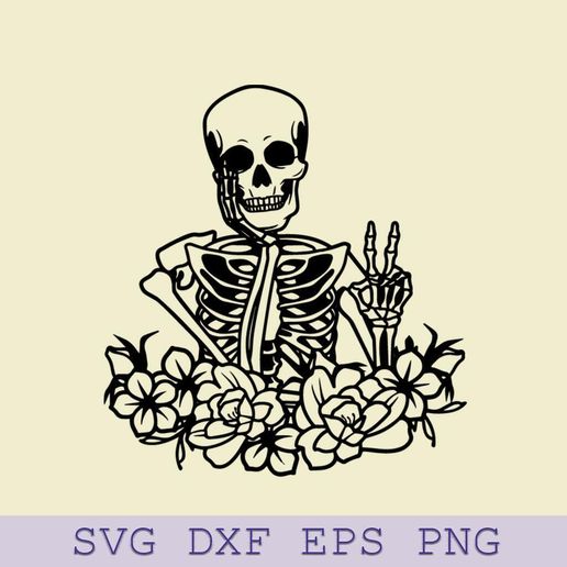 Floral Skeleton V Sign SVG, Glowforge Cutfiles Clipart SVG - 3D model önizlemesi