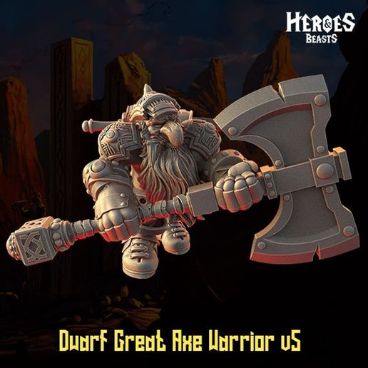 Dwarf Great Axe Warrior v5 — Armoured Axe Guard — 32mm Pre-Supported STL