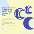 Digital Download Moon and Star Cla Cutter STL Files 6 Different Sizes: 35mm, 40mm, 45mm, 50mm, 55mm and 60mm, 2 different Cutting Edges: 0.7mm edge and a 0.4mm sharp edge. Created by UtterlyCutterly Moon and Star Clay Cutter - STL Digital File Download- 6 sizes and 2 Cutter Versions