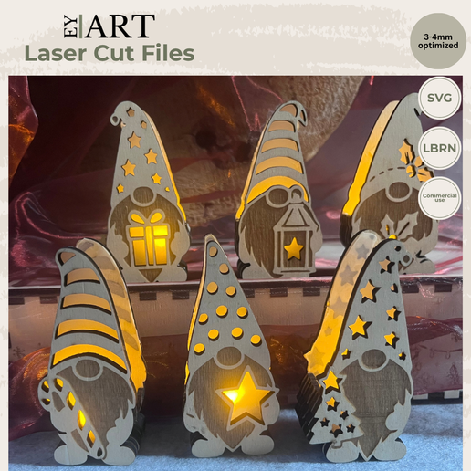 Laser Cut Datei Weihnachtswichtel 6er Set – beleuchtete Wichtel Weihnachtsdeko aus Holz