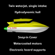 Twin woterjet, single intoke Hydrodynomic hull Tiny JetSki Snop-in Cover Wotercooled motors Electronic boord supports TinyJetSki - micro rc twin jetboat - world smallest!!