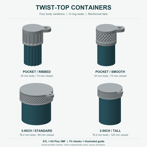 Screw-Top Storage Containers - 4 Variations with O-Ring Seats - STL + 3MF