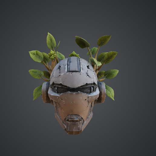 Cyberpunk Helmet Planter – Futuristic Mask with Botanical Growth