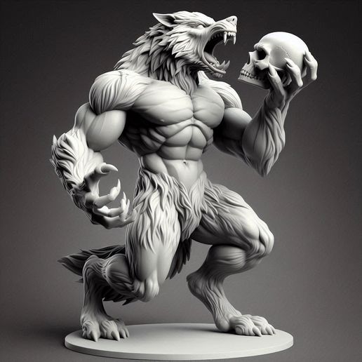 143 Ivory Werewolf Howling with Skull - Minimalist Statue, character, monster, fantasy, art, sculpture, model, animal, 3d model, statue, creature, magic, 3d print, collectible, cat, wood, dragon, sword, base, warrior, wild, dog 3D model