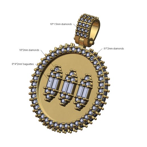 Baguette diamond clusters iced pendant with bail 3D print model 3D model
