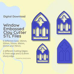 Digital Download Window Embossed Clay Cutter STL Files 6 Different Sizes: 45mm, 50mm, 55mm, 60mm, 65mm and 70mm. 2 different Cutting Edges: 0.7mm edge and a 0.4mm sharp edge. Created by UtterlyCutterly Stained Window Debossed Clay Cutter - STL Digital File Download- 6 sizes and 2 Cutter Versions