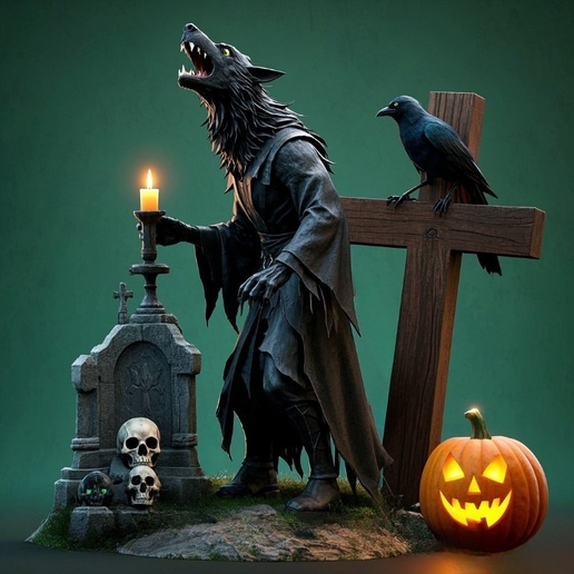 2485 COLOR Werewolf Howling - 3D Model, Halloween, magic, spider, mask, wild, bat, monster, mutant, fair, witch, werewolf, horror, beast, mutant spider, skeleton, skull 3D model