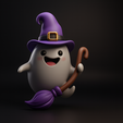 0.png Halloween Ghost Witch with Broom – Spooky Decor, Adorable Ghost Figurine, Witch Hat Collectible