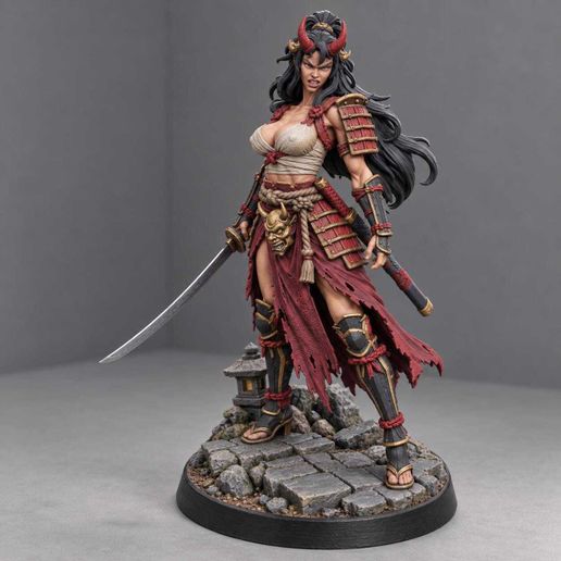 Oni Warlord of the Broken Shrine STL File, Horned Warrior Figure with Curved Sword