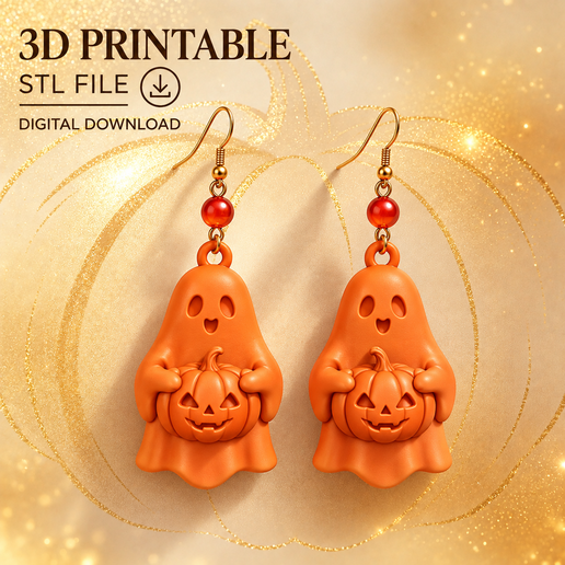 3D Printable Gothic Ghost Holding Pumpkin Earrings (STL/3MF Digital Download)