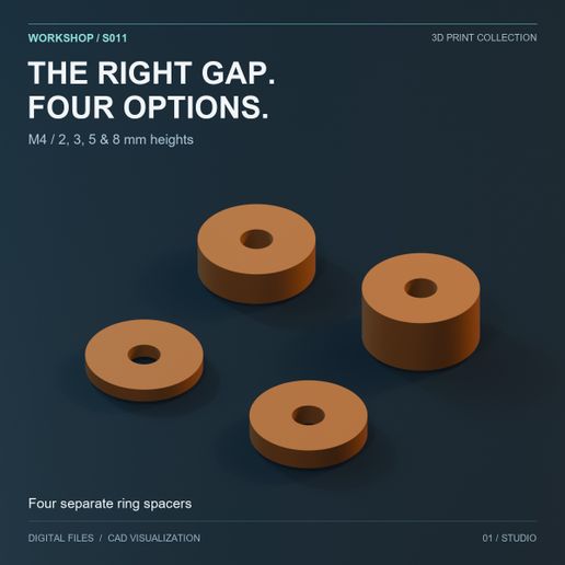 M4 Spacer Set — 2, 3, 5 and 8 mm — STL + OpenSCAD
