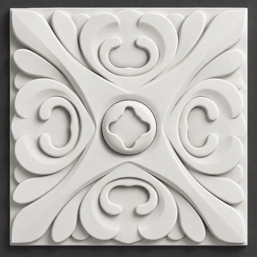 Geometric Center Scrollwork Square Panel 3D Ornament - STL for CNC Wood Carving and 3D Printing