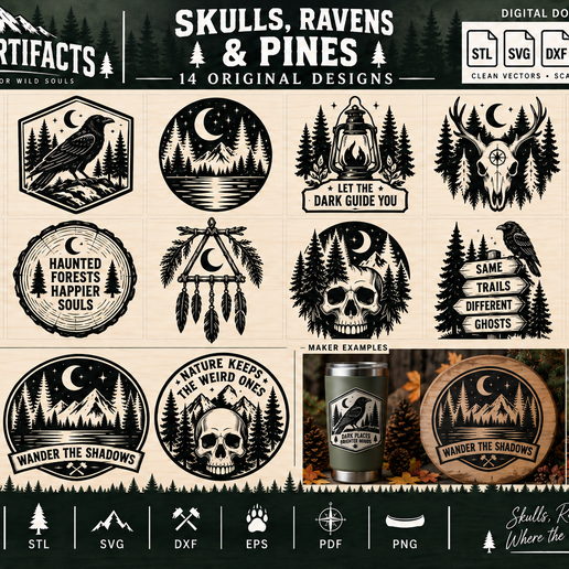 Skulls Ravens and Pines - Halloween SVG DXF EPS PDF PNG and STL
