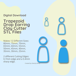 Digital Download Trapezoid Drop Earring Clay Cutter STL Files Makes 12 Different Sizes: 80mm, 75mm, 70mm, 65mm, 60mm, 55mm, 50mm, 45mm, 40mm, 35mm, 30mm, 25mm. 2 different Cutting Edges: 0.7mm edge and a 0.4mm sharp edge. Created by UtterlyCutterl 3D file Trapezoid Drop Clay Cutter - STL Digital File Download- 12 sizes and 2 Cutter Versions・3D printer design to download, UtterlyCutterly