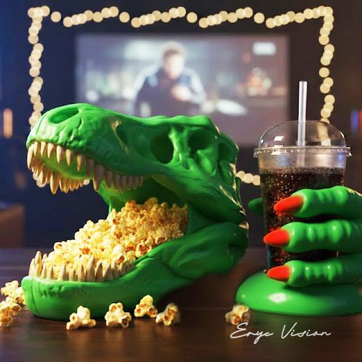 T-Rex Cinema Station - Giant Popcorn & Drink Holder - Jurassic Snack Station - High-Detail - Pop Corn / Pochoclera - (Incluide Hollow Version and Cristal Vase)