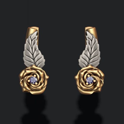 Rose earrings with gemstone 3D print model