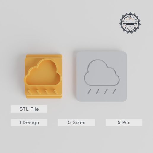 Rain Stamp Tile Collection, 5 Sizes, 20-40mm, Perfect for Clay, Cookies & Fondant, Weather Motif - 3D model önizlemesi