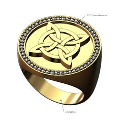 Diamond-Round-celtic-signet-ring-size9-00.jpg STL file Celtic knot large diamond signet ring US size 9 3D print model・3D print design to download