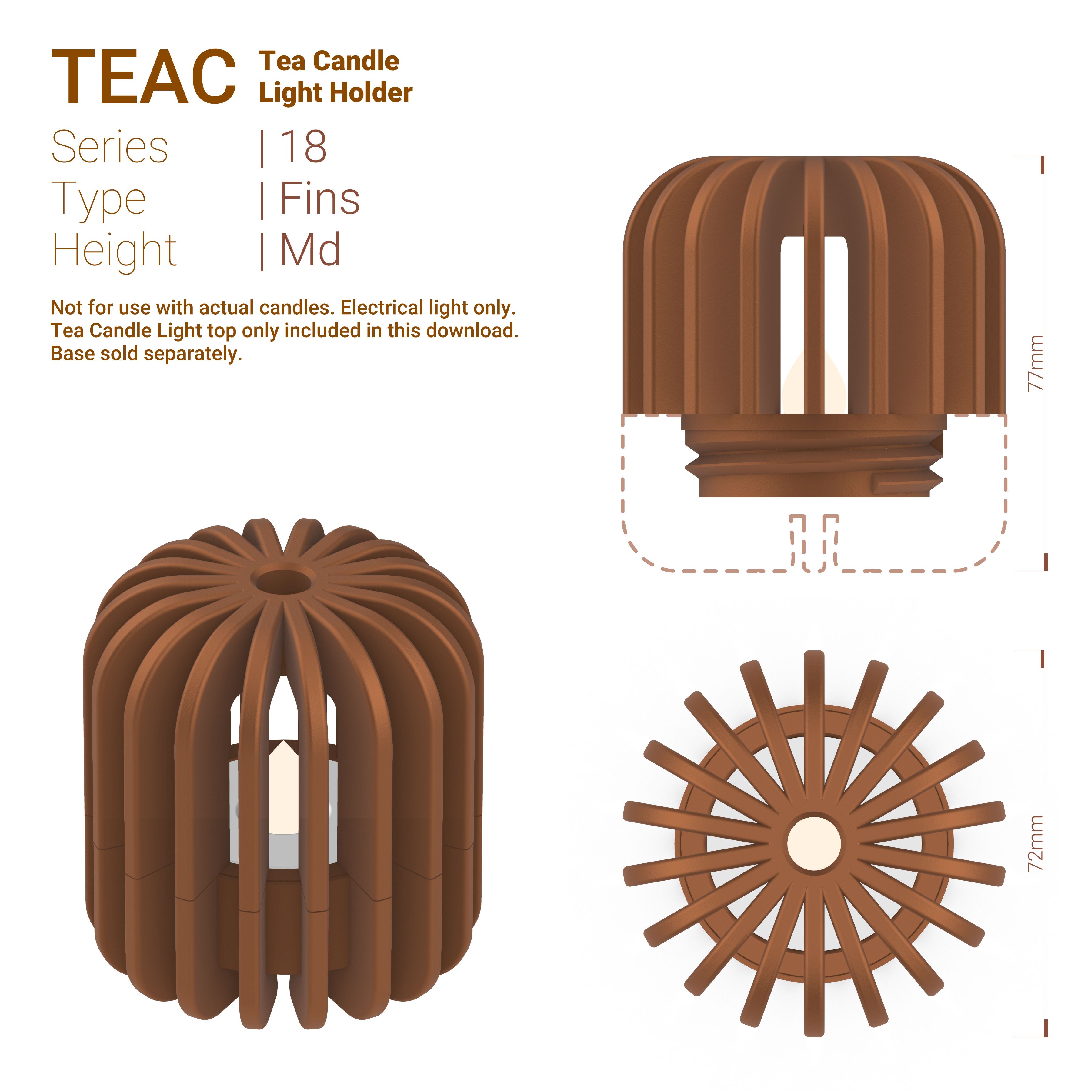 Teac_18_Fins_Md.jpg STL file TeaC | Tea Light Holder | Fin Top (18) *Md・3D printable model to download, DaveMans