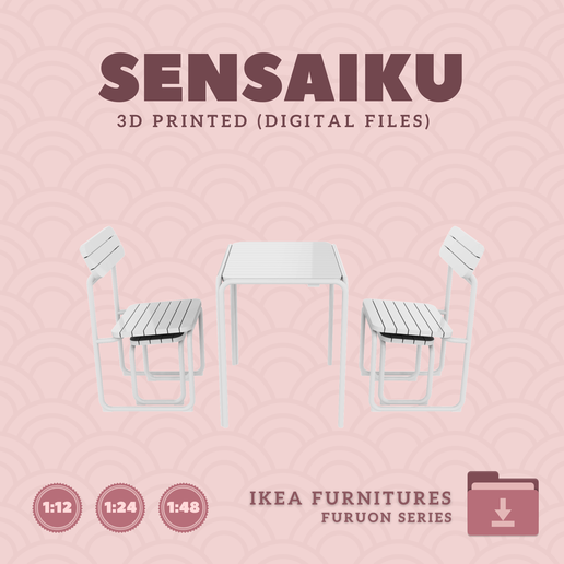 Miniature Replica 04. FURUON Dining Table, Chairs and Footstools for Miniature Dollhouse - IKEA - 3D Print Instant Download 3D model
