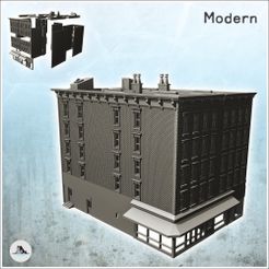 1-PREM.jpg STL file Large modern corner building with store with canopies and roof chimneys (14) - Downtown Modern WW2 WW1 World War Diaroma Wargaming RPG・Model to download and 3D print