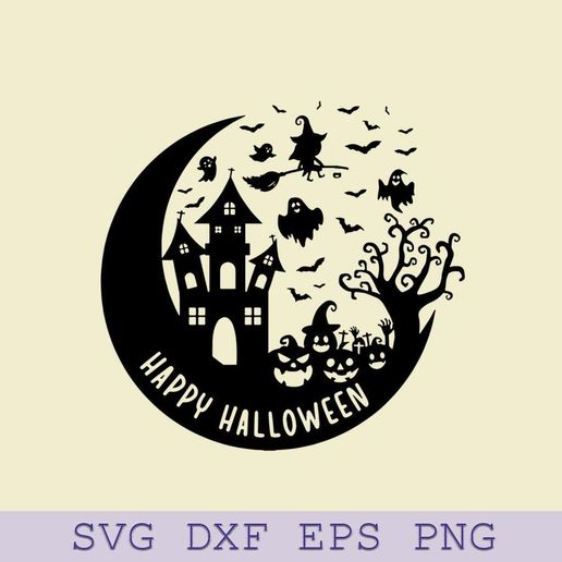 Happy Halloween Haunted House SVG – Witch, Ghosts & Moon Scene