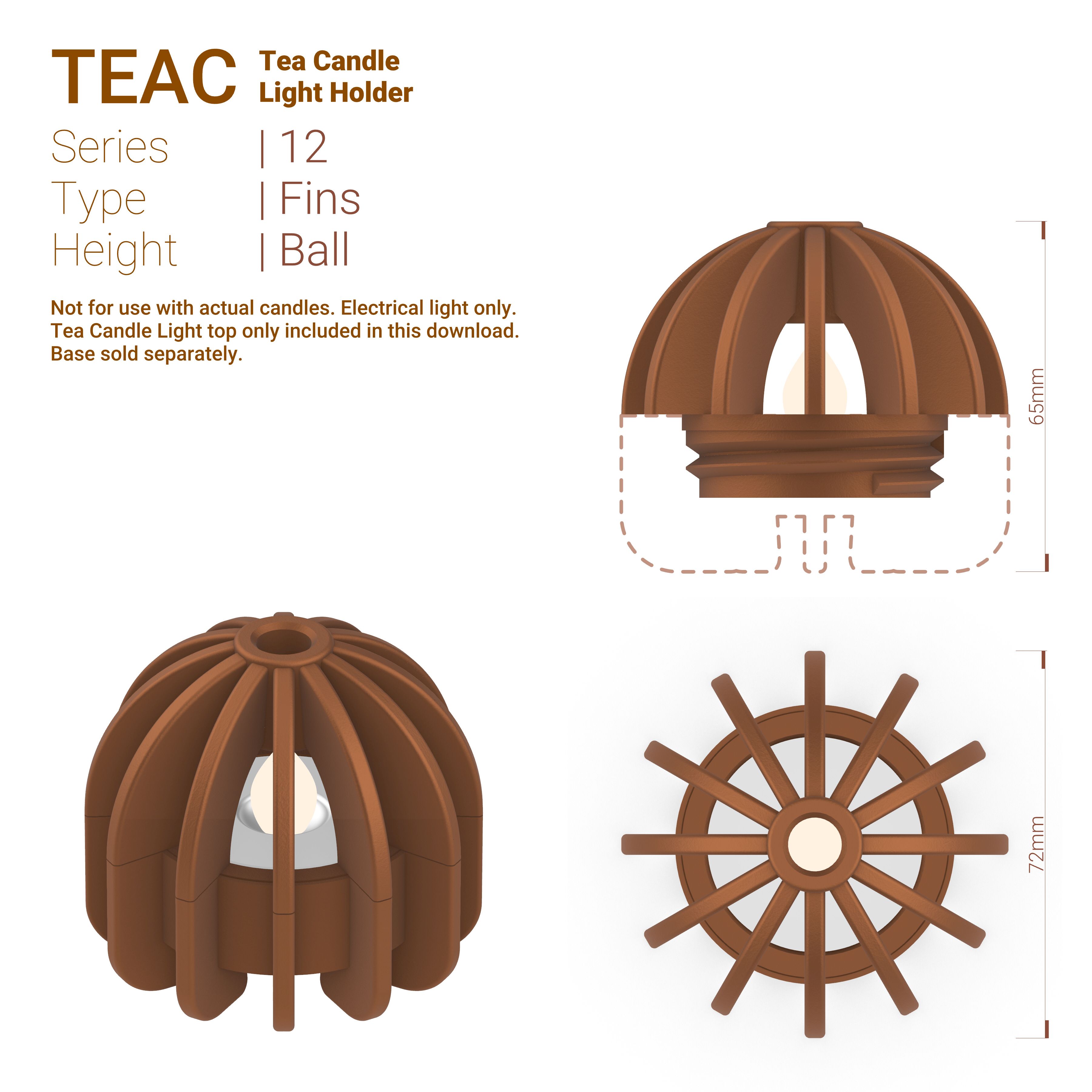 Teac_12_Fin_Ball.jpg STL file TeaC | Tea Light Holder | Fins Top (12) *Ball・3D printable model to download, DaveMans