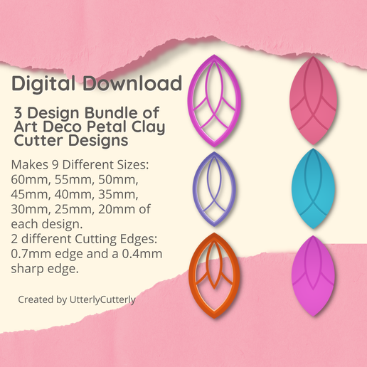 3 designs of Art Deco Petal Clay Cutter - STL Digital File Download- 9 sizes and 2 Cutter Versions 3D model