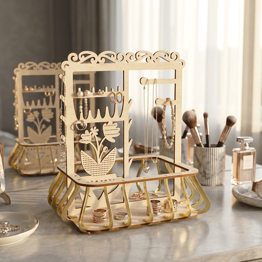 Wooden Jewelry Display Stand with Tray — Earring & Necklace Holder — Laser Cut Files