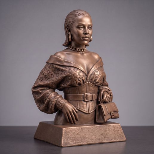 Doja Cat - Bust in Patterned Blouse and Beret, Portrait Sculpture, Silver Fine-Art Statue, 3D Printable STL, Home Decor, Desk Decor, Gift