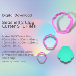 Digital Download Seashell 2 Clay Cutter STL Files Makes 10 Different Sizes: 60mm, 55mm, 50mm, 45mm, 40mm, 35mm, 30mm, 25mm, 20mm, 15mm. 2 different Cutting Edges: 0.7mm edge and a 0.4mm Sharp edge. Created by UtterlyCutterly Fichier 3D Seashell 3 Clay Cutter - Mermaid STL Digital File Download- 9 sizes and 2 Cutter Versions・Design à télécharger et à imprimer en 3D, UtterlyCutterly
