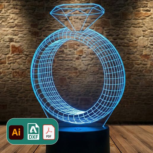 Engagement Ring LED Illusion Lamp Laser Cut File | Wedding Acrylic Engraving Design | AI DXF PDF Commercial Use