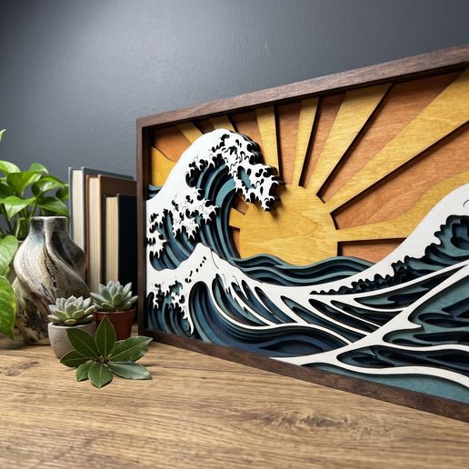 MD388 Ocean Wave sunset Layered Wood SVG, Japanese Wave Laser Cut File, Coastal Wall Art Glowforge CNC Pattern
