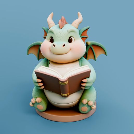 Cute Chubby Dragon Reading Book Figurine STL – Chibi Dragon 3D Print for Shelf Decor
