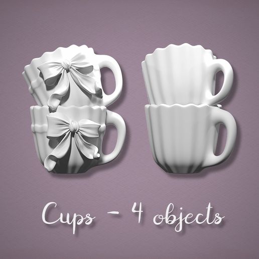 Vintage Dollhouse Cups Set – Bow & Fluted Coffee Cups (4 STL Files)