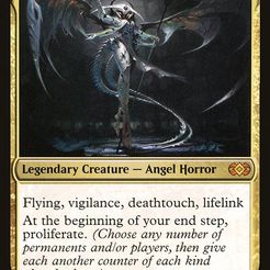 (( Legendary Creature — Angel Horror 65 a bi Flying, vigilance, deathtouch, lifelink | At the beginning of your end step, proliferate. (Choose any numb ‘manents andlor players, then giv ‘h another counter of each kind already there.) ge Ci) PS a ec Ua ad Atraxa MTG Litho