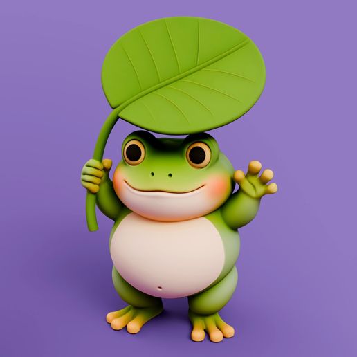 Cute Chubby Frog Figurine STL – Frog Holding Leaf 3D Print for Desk Decor