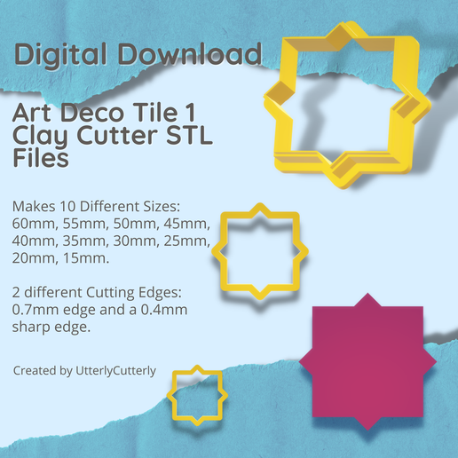 Art Deco Tile Clay Cutter - Jewel STL Digital File Download- 10 sizes and 2 Cutter Versions 3D model