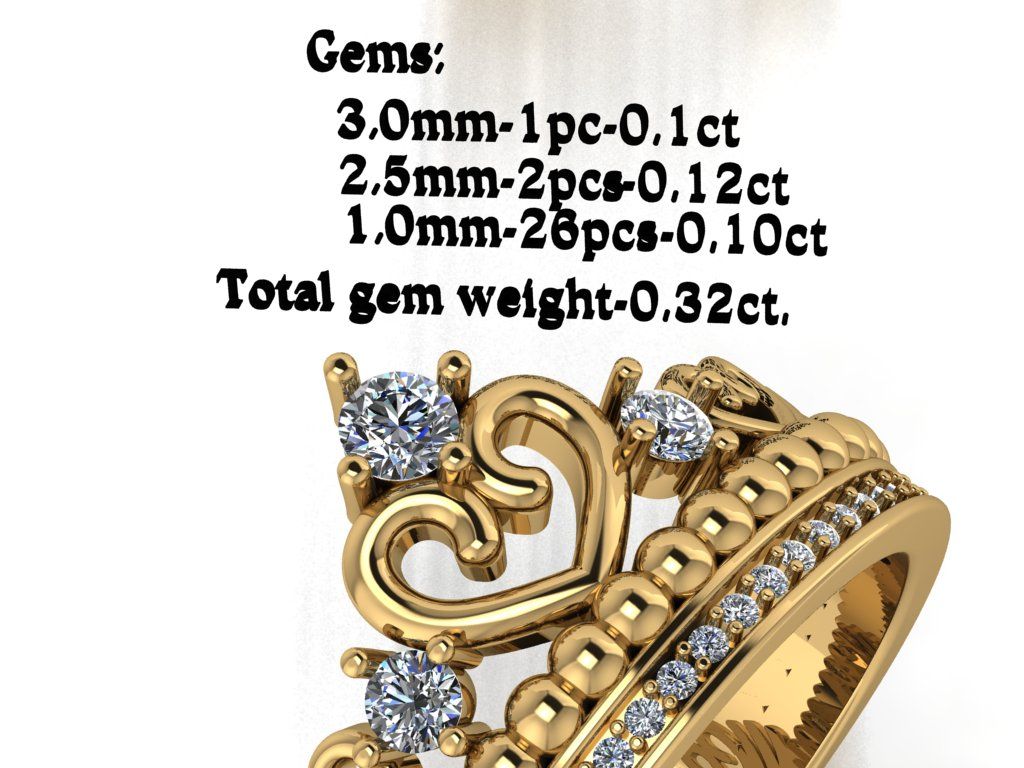 Gems: 3.0mm-1pc-0,1ct 2.5mm-2pcs-0, 1 2ct 1,.0mm-26pcs-0,10ct Archivo STL Corona de anillos con 3 corazones y diamantes・Modelo de impresora 3D para descargar, jewelry3D