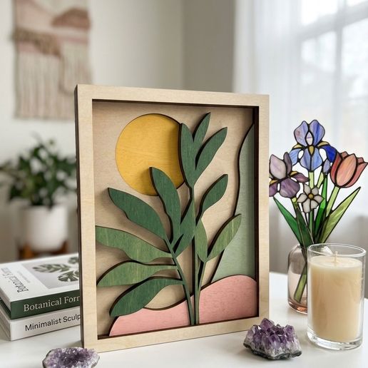 MD479 - Boho Plant Shadow Box SVG, 3D Layered Leaf Laser Cut File, Botanical Multilayer Wall Art, Sun Wall Decor, Glowforge Cricut Digital Download