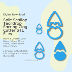 Digital Download Split Scallop Meonehep Earring Clay Cutter STL Files Makes 8 Different Sizes: 60mm, 55mm, 50mm, 45mm, 40mm, 35mm, 30mm. 25mm. 2 different Cutting Edges: 0.7mm edge and a 0.4mm sharp edge. Created by UtterlyCutterly 3D file Split Scalloped Teardrop Clay Cutter - STL Digital File Download- 8 sizes and 2 Cutter Versions・3D print design to download, UtterlyCutterly